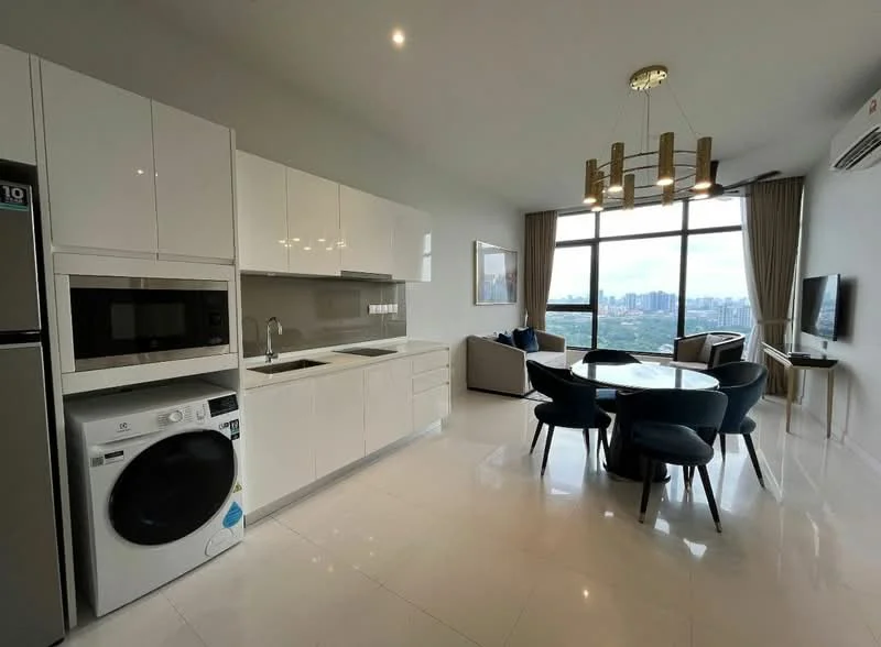 Kitchen features: white glossy cabinetry, stainless-steel refrigerator, built-in microwave, single-bowl stainless-steel sink, chrome pull-down faucet, ceramic tile backsplash, white quartz countertop, 4-burner gas hob, washing machine, recessed downlights, open-plan layout, dining table with upholstered chairs, floor-to-ceiling windows, city view; style: modern; view: city.