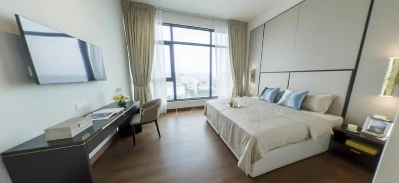Bedroom features: king-size bed with upholstered headboard, two bedside lamps, wall-mounted TV, desk with chair, large window with city view, curtains, wooden flooring, decorative wall paneling, decorative vase on desk, framed artwork on wall; style: modern; view: city.