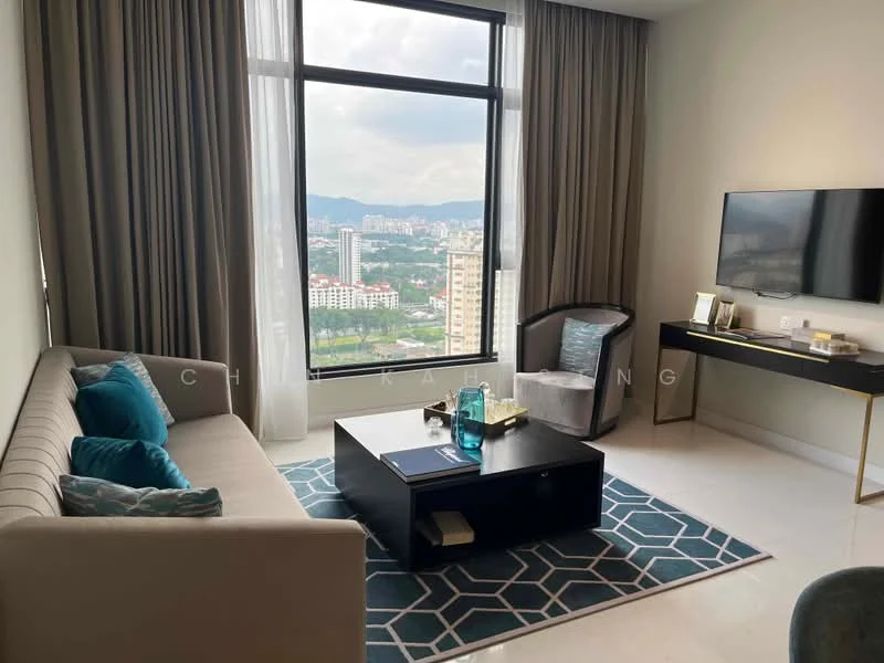 Living features: 3-seater fabric sofa in light grey, decorative cushions in teal and white, coffee table with black surface, area rug with geometric pattern in blue and white, floor-to-ceiling windows, curtains in light beige, wall-mounted TV, console table with decorative items, view of city skyline; style: modern; view: city.