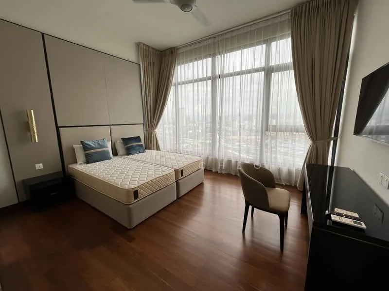 Bedroom features: queen-size bed with mattress, upholstered headboard, wooden flooring, floor-to-ceiling windows, sheer curtains, wall-mounted TV, study desk, chair, nightstand, decorative wall paneling, ceiling fan; style: modern; view: city.