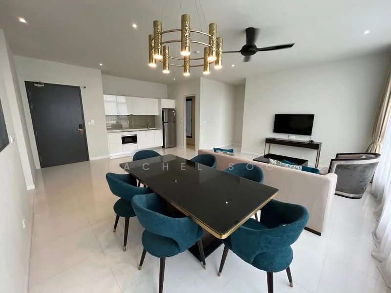 Dining features: 6-seater dining table with black top, turquoise upholstered dining chairs, chandelier with gold finish, recessed ceiling lights, wall-mounted TV, light grey walls, large windows with sheer curtains, open layout to living area, floor-to-ceiling windows, light-colored tile flooring, ceiling fan; style: modern. Living features: beige fabric sofa, coffee table, TV console, decorative wall art, light grey walls, large windows with sheer curtains, floor-to-ceiling windows, light-colored tile flooring; style: modern. Kitchen features: white cabinetry, built-in oven, stainless-steel fridge, microwave, black countertop, open layout to dining area, light-colored tile flooring; style: modern.