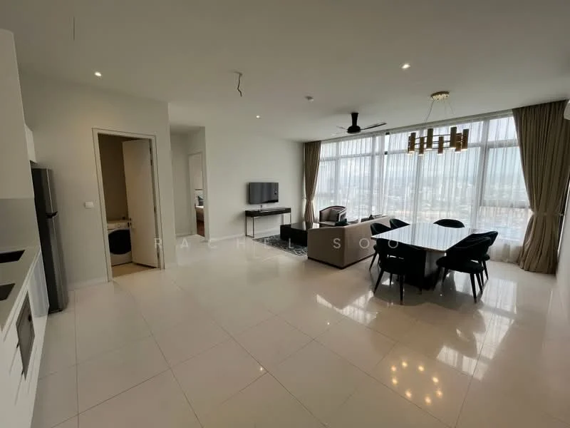 Living features: white painted walls, polished ceramic tile flooring, 5-blade ceiling fan with light, floor-to-ceiling windows, curtains, L-shape sectional sofa in beige, coffee table, TV console, wall-mounted TV, dining table for 6, upholstered dining chairs, decorative light fixture; style: modern; view: city. Room features: doorway leading to another room, open layout.