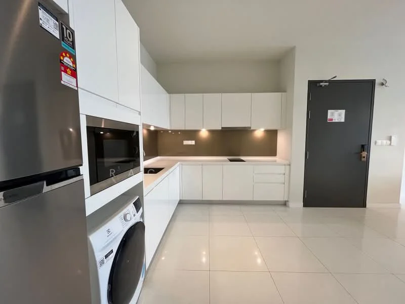 Kitchen features: white cabinetry, stainless-steel fridge, built-in oven, ceramic cooktop, white countertop, grey backsplash, single-bowl stainless-steel sink, chrome pull-down faucet, front-load washing machine, recessed LED downlights, large window, tile flooring; style: modern.