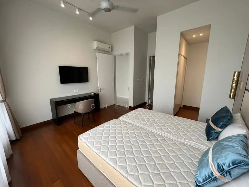 Bedroom features: two single beds with mattress, upholstered headboard, bedside table, wall-mounted TV, desk with chair, wall-mounted air conditioning unit, laminate flooring, floor-to-ceiling windows with sheer curtains, recessed downlights, neutral painted walls; style: modern.