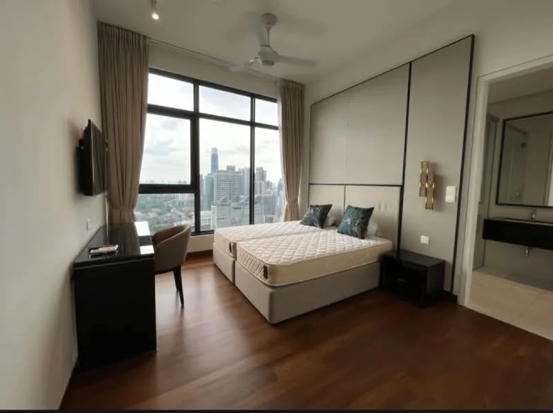 Bedroom features: king-size bed, upholstered headboard, 2 bedside tables, wall-mounted TV, desk with chair, floor-to-ceiling windows, city skyline view, wooden flooring, curtains, ceiling fan; style: modern; view: city.