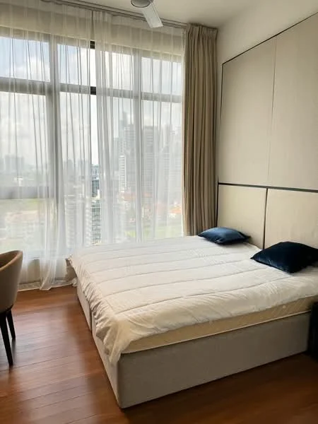 Bedroom features: queen-size bed with white bedding, two blue decorative pillows, floor-to-ceiling windows, sheer curtains, wooden flooring, wall-mounted headboard, nightstand, city skyline view; style: modern; view: city.