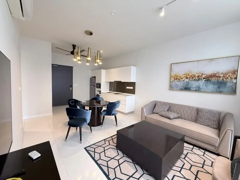 Living features: 3-seater fabric sofa in light grey, coffee table with black surface, area rug with geometric pattern, wall-mounted TV, ceiling fan with integrated light, pendant lighting fixture, decorative artwork on wall, white painted walls, marble tile flooring; style: modern. Kitchen features: white cabinetry, black countertop, built-in oven, stainless-steel fridge, 4-burner gas hob, single-bowl stainless-steel sink, chrome pull-down faucet, open-plan layout, tile backsplash; style: modern.