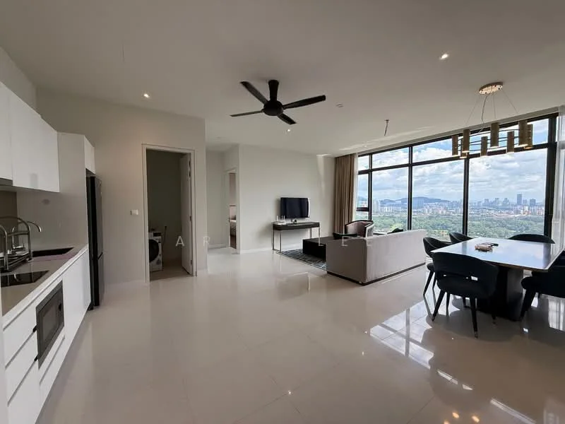 Living features: white painted walls, glossy tile flooring, 5-blade ceiling fan with light, floor-to-ceiling windows, city skyline view, sofa in light grey, TV console, wall-mounted TV, dining table with chairs, open-plan layout; style: modern; view: city. Room features: white painted walls, glossy tile flooring, doorway leading to another room.