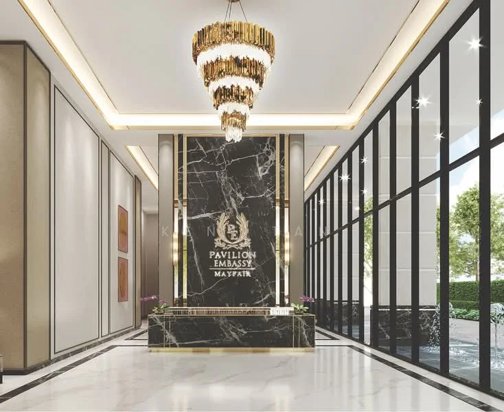 Lobby features: chandelier with crystal accents, marble flooring, black marble feature wall, reception desk with logo, large floor-to-ceiling windows, natural light flooding in, potted plants, decorative wall panels, high ceilings, neutral color palette; style: modern; view: garden.