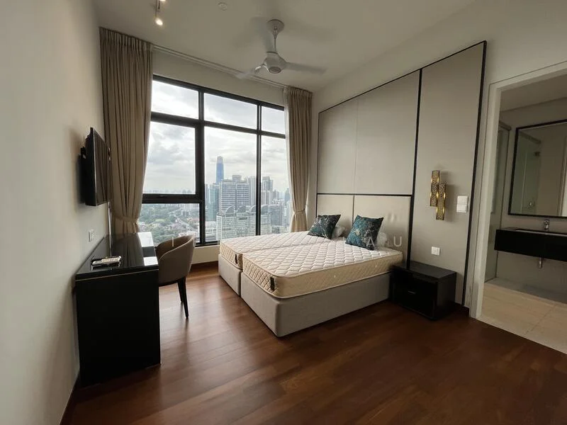 Bedroom features: king-size bed, upholstered headboard, two bedside tables, wall-mounted TV, floor-to-ceiling windows, curtains, wooden flooring, ceiling fan, decorative wall paneling, city skyline view; style: modern; view: city.