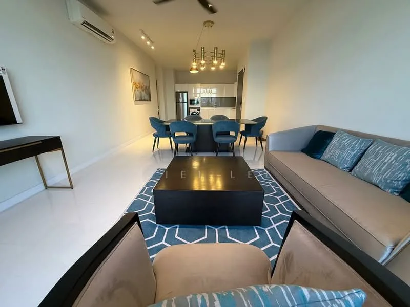 Living features: 3-seater fabric sofa in beige, 2-seater fabric sofa in blue, coffee table with black finish, area rug with geometric pattern, wall-mounted TV, ceiling fan, recessed downlights, large windows with natural light, decorative wall art, open layout to dining area; style: modern. Dining features: 6-seater dining table, upholstered dining chairs in blue, pendant lighting above dining table, open layout to living area; style: modern.