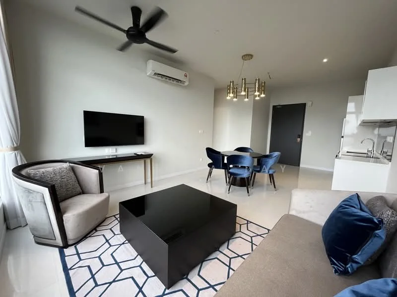 Living features: 5-blade ceiling fan with light, wall-mounted TV, black coffee table, beige fabric sofa, upholstered armchair, area rug with geometric pattern, dining table with blue chairs, recessed LED downlights, split wall-mounted air conditioning unit, grey painted walls, large windows with sheer curtains; style: modern. Kitchen features: white cabinetry, stainless-steel sink, built-in oven, freestanding range oven, microwave, countertop with bar seating, ceramic tile flooring; style: modern.