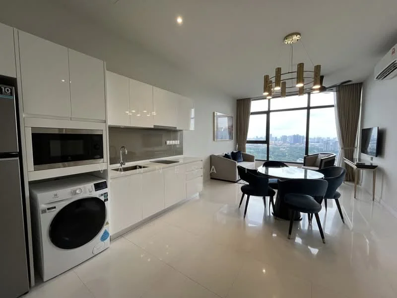 Kitchen features: white glossy cabinetry, stainless-steel sink, chrome pull-down faucet, built-in microwave, freestanding washing machine, ceramic tile flooring, recessed downlights, open-plan layout, kitchen island, breakfast bar, glass window with city view; style: modern; view: city. Dining features: round dining table, upholstered dining chairs, chandelier, wall-mounted TV, floor-to-ceiling windows; style: modern; view: city.