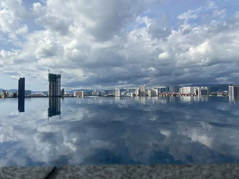 Exterior features: infinity pool, city skyline view, cloudy sky, high-rise buildings, construction site, water reflection; style: modern.
