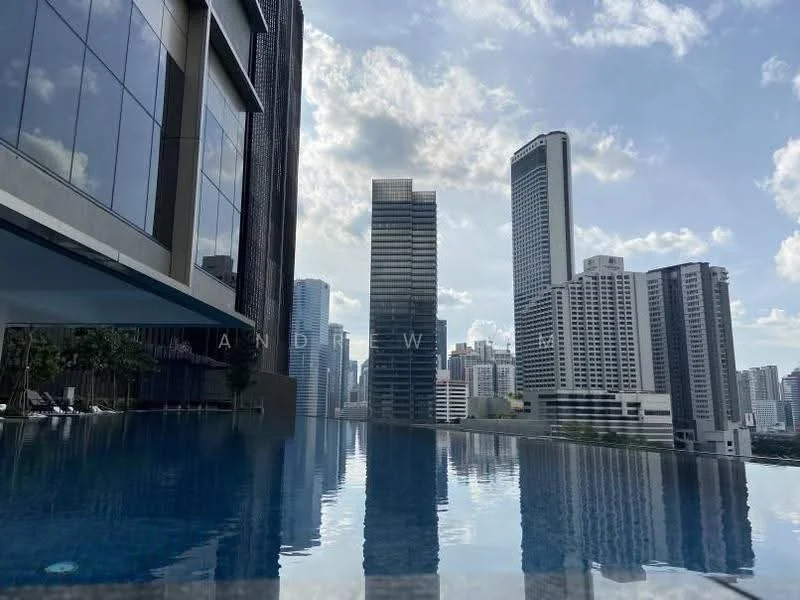 Exterior type: high-rise condominium; features: infinity pool, city skyline view, glass curtain wall facade, surrounded by high-rise buildings, pool deck with loungers, landscaped area, modern architecture; style: modern.