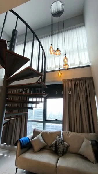 Living features: spiral staircase, large floor-to-ceiling window, curtains, sofa in beige, decorative cushions, hanging pendant lights, neutral wall color, tile flooring; style: modern; view: city.