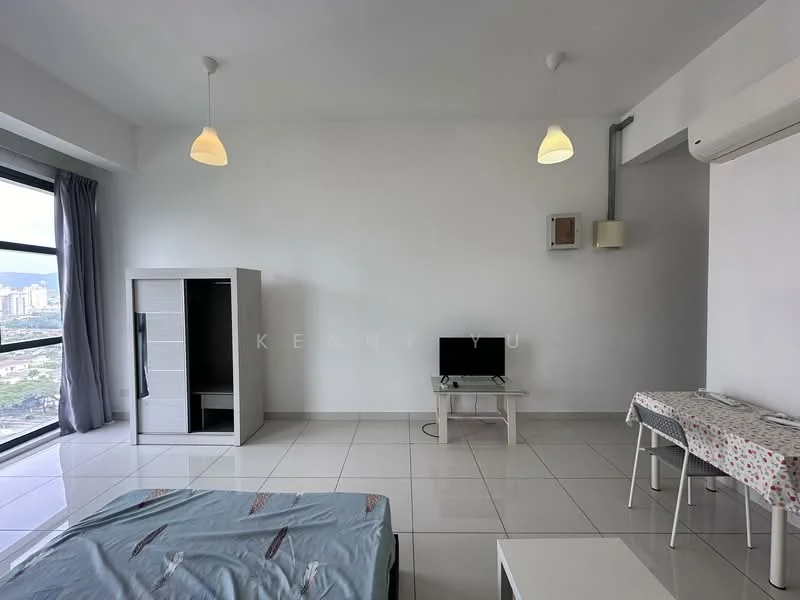 Room features: white painted walls, glossy white tile flooring, floor-to-ceiling windows, curtains, 2 pendant lights, 1 wall-mounted air conditioning unit, 1 TV console, 1 small dining table, 1 wardrobe, 1 mattress on the floor, 1 chair; style: modern; view: city.