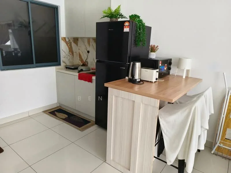 Kitchen features: black refrigerator, white cabinetry, marble backsplash, wooden countertop, stainless-steel kettle, microwave, kitchen island with seating, ceramic tile flooring, window with black frame, decorative plants; style: modern.