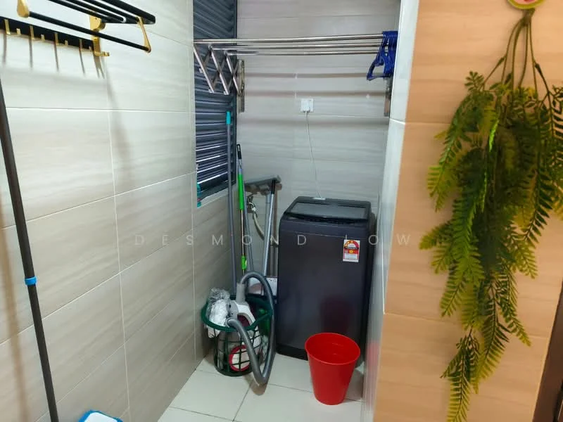 Laundry features: washing machine, tile flooring, light beige wall tiles, grey wall tiles, clothes drying rack, cleaning supplies, plastic bucket, broom, mop, laundry basket.