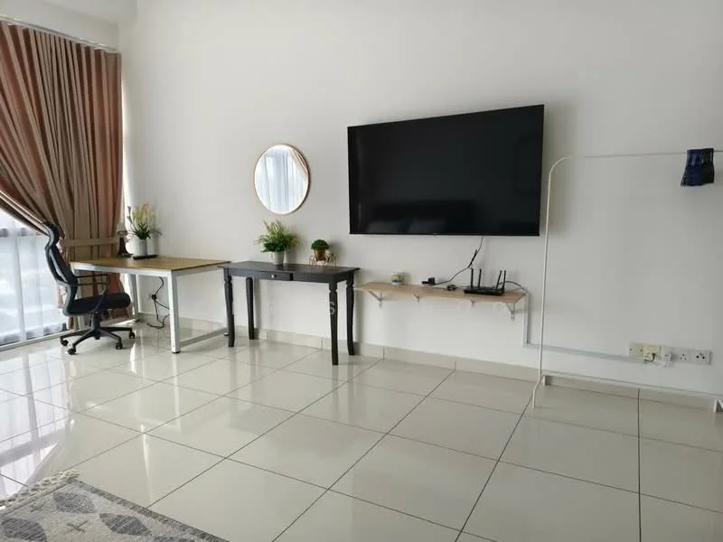 Living features: large flat-screen TV mounted on wall, black console table under TV, wooden desk with chair, round mirror on wall, floor-to-ceiling windows with sheer curtains, white walls, glossy white tile flooring, decorative plant on desk, wireless router on console table, minimalist decor, area rug with geometric pattern; style: modern; view: city.