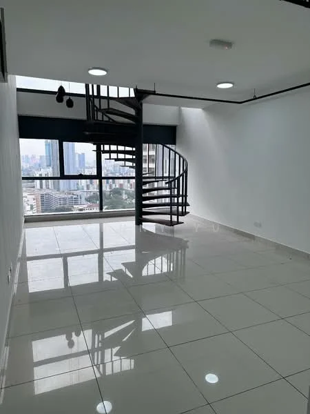 Room features: spiral staircase, large floor-to-ceiling windows, white painted walls, glossy ceramic tile flooring, recessed downlights, pendant light, open layout, city skyline view; style: modern; view: city.