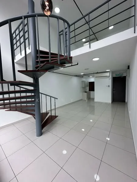 Room features: spiral staircase, white painted walls, glossy ceramic tile flooring, recessed LED downlights, metal railing, open layout, high ceiling, large windows, kitchen area visible in background; style: modern.