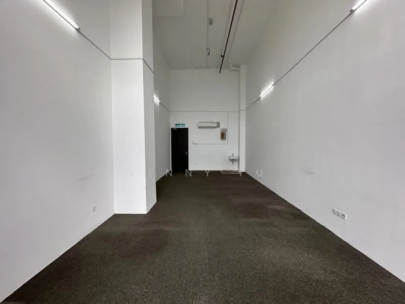 Room features: white painted walls, carpet flooring, 1 wall-mounted split AC, ceiling lights, black door, power outlet, window, neutral color scheme; style: modern.