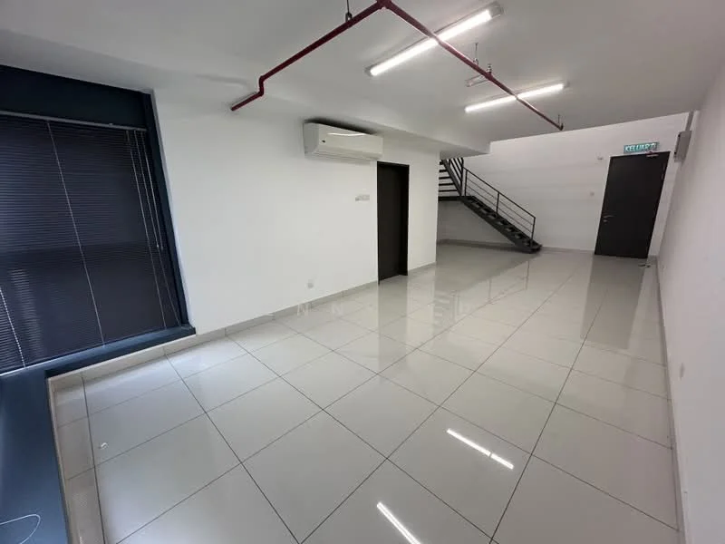Room features: glossy ceramic tile flooring, white painted walls, exposed ceiling with fluorescent lighting, 1 wall-mounted split AC, black door, staircase leading to upper level, large window with blinds; style: modern.