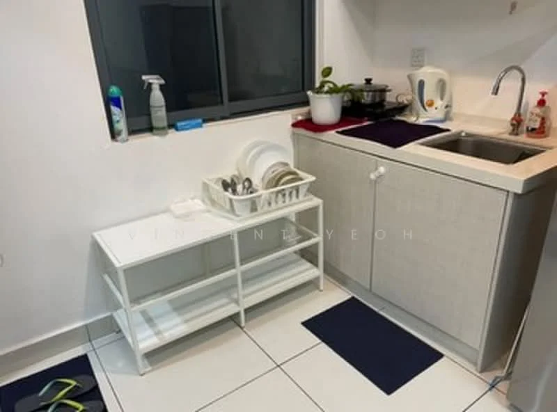 Kitchen features: single-bowl stainless-steel sink, chrome pull-down faucet, light grey cabinetry, white countertop, white dish rack, white shelving unit, ceramic tile flooring, window with view, cleaning supplies on countertop, potted plant, black mat on floor; style: modern.