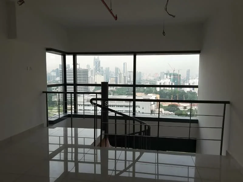 Room features: floor-to-ceiling windows, city skyline view, white painted walls, polished tile flooring, spiral staircase, exposed ceiling with electrical conduits; style: modern; view: city.
