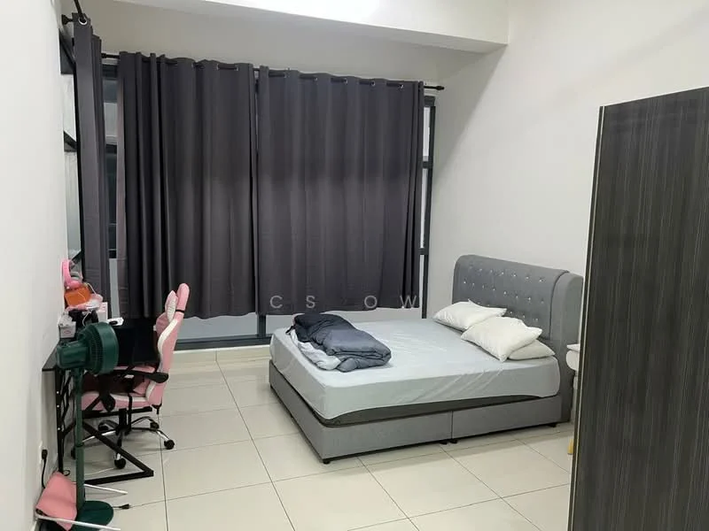 Bedroom features: queen-size bed, upholstered headboard, two white pillows, grey bed frame, white bed linens, black curtains, floor-to-ceiling windows, tile flooring, study desk, pink office chair, green office chair, decorative items on desk, built-in wardrobe; style: modern.
