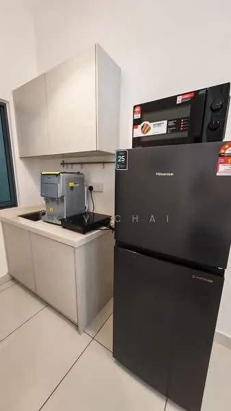 Kitchen features: grey cabinetry, single-bowl stainless-steel sink, chrome pull-down faucet, black refrigerator, built-in microwave, countertop, ceramic tile flooring, wall-mounted electrical outlets; style: modern.
