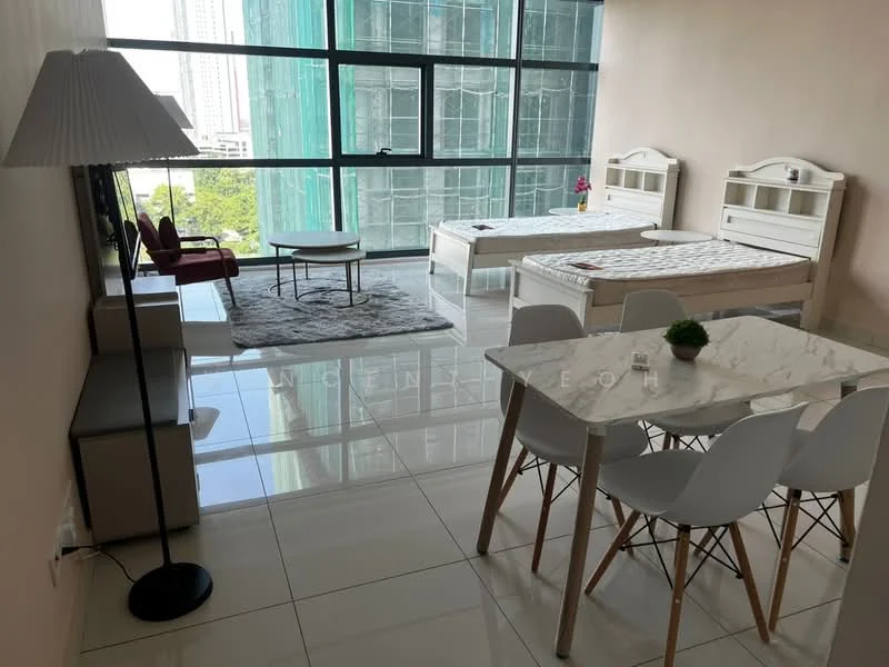 Living features: large floor-to-ceiling windows, white painted walls, glossy white tile flooring, two single beds with headboards, red accent chair, area rug with neutral tones, white dining table, four white dining chairs, side table, floor lamp; style: modern; view: city.