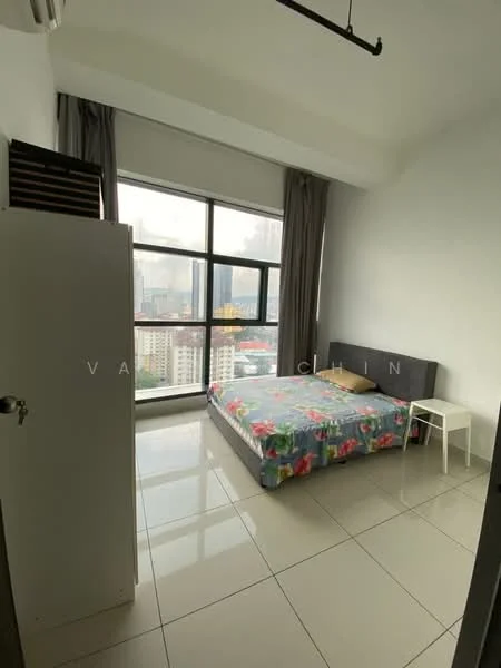 Bedroom features: queen-size bed with floral bedding, white bedside table, floor-to-ceiling windows, grey curtains, white painted walls, glossy tile flooring, air conditioning unit, built-in wardrobe; style: modern; view: city.