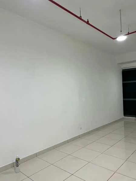 Room features: white painted walls, glossy ceramic tile flooring, red exposed ceiling pipes, recessed ceiling light, floor-to-ceiling window.