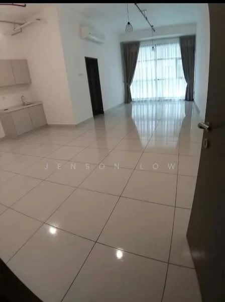 Living features: white painted walls, glossy tile flooring, floor-to-ceiling windows, sheer curtains, recessed downlights, air conditioning unit, open layout, kitchenette area with cabinets; style: modern.