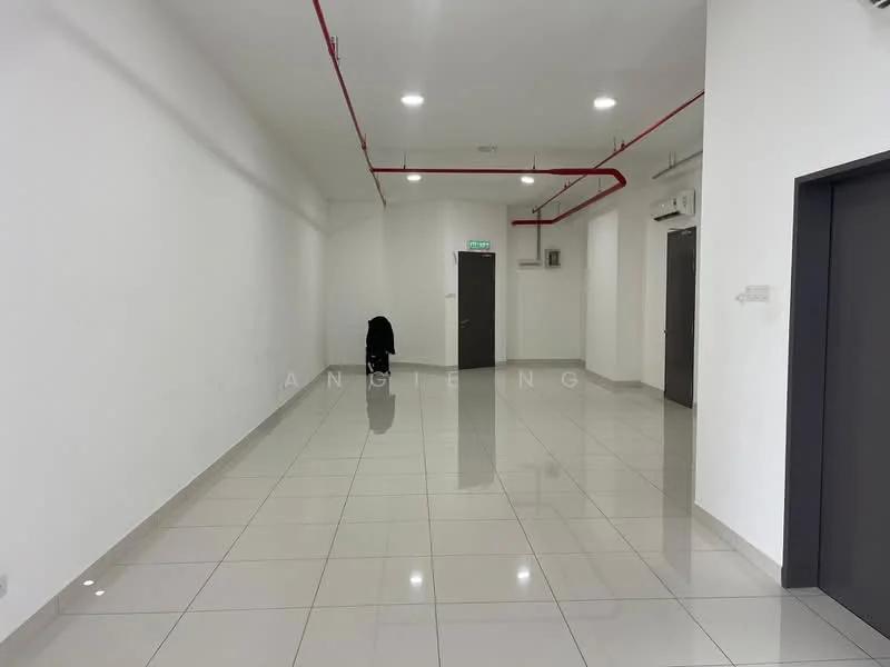 Room features: white painted walls, glossy ceramic tile flooring, recessed downlights, exposed red piping, 1 wall-mounted split AC, single door, 2 windows, open layout; style: modern.