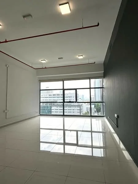 Room features: white painted walls, grey accent wall, polished ceramic tile flooring, floor-to-ceiling windows, city view, recessed LED downlights, exposed ceiling with red piping, roller blinds; style: modern; view: city.