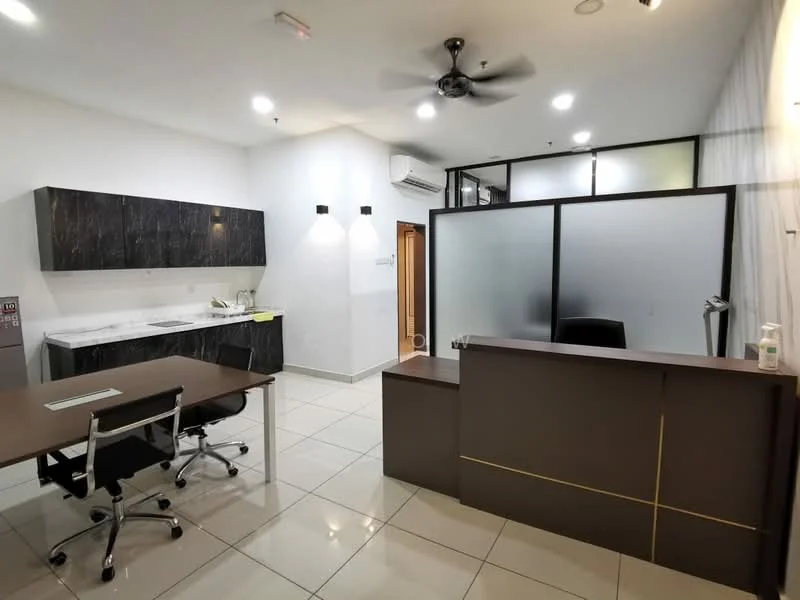 Office features: white painted walls, tile flooring, 5-blade ceiling fan, recessed downlights, black marble countertop, dark wood cabinetry, glass partition, office desk with chair, reception desk, air conditioning unit; style: modern.
