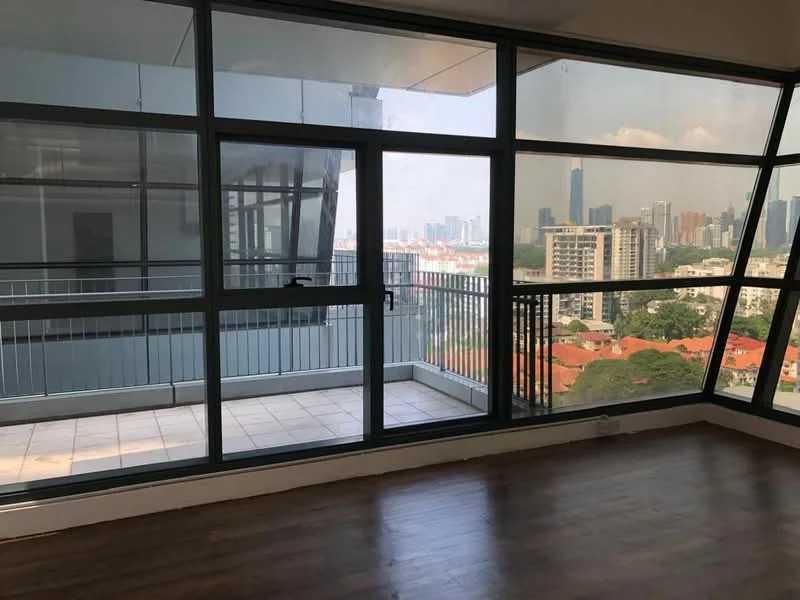 Room features: floor-to-ceiling windows, sliding glass door, wooden flooring, balcony, city view, open layout, natural light, glass railing; style: modern; view: city.