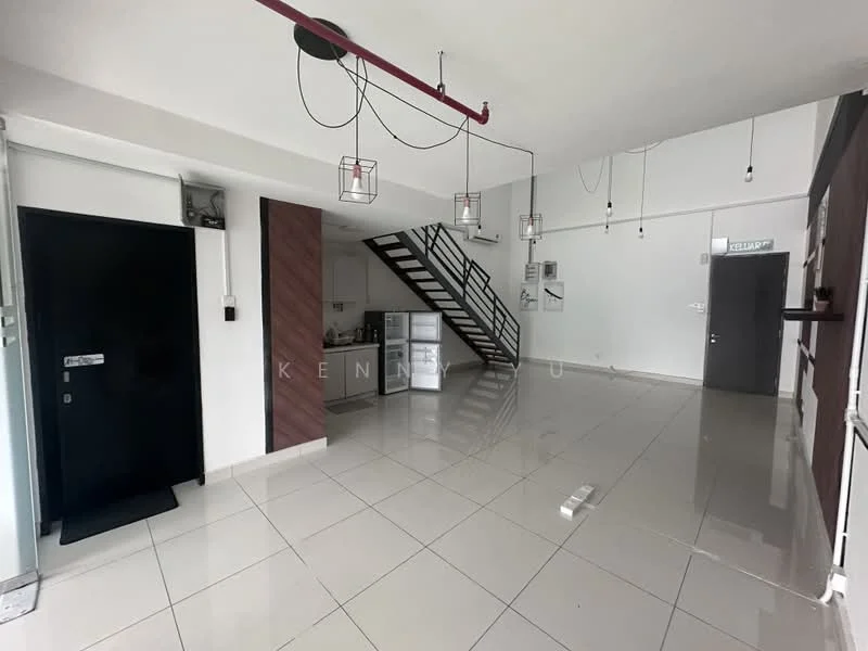 Room features: white painted walls, grey tiled flooring, open layout, staircase with wooden steps, hanging pendant lights, black front door, glass door leading to kitchen area, wall-mounted intercom, recessed lighting, exposed ceiling beams; style: modern.