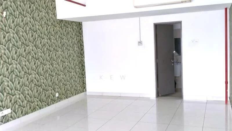 Room features: white painted walls, green patterned wallpaper, glossy white tile flooring, ceiling with air conditioning unit, door leading to bathroom, red accent piping on ceiling; style: modern.