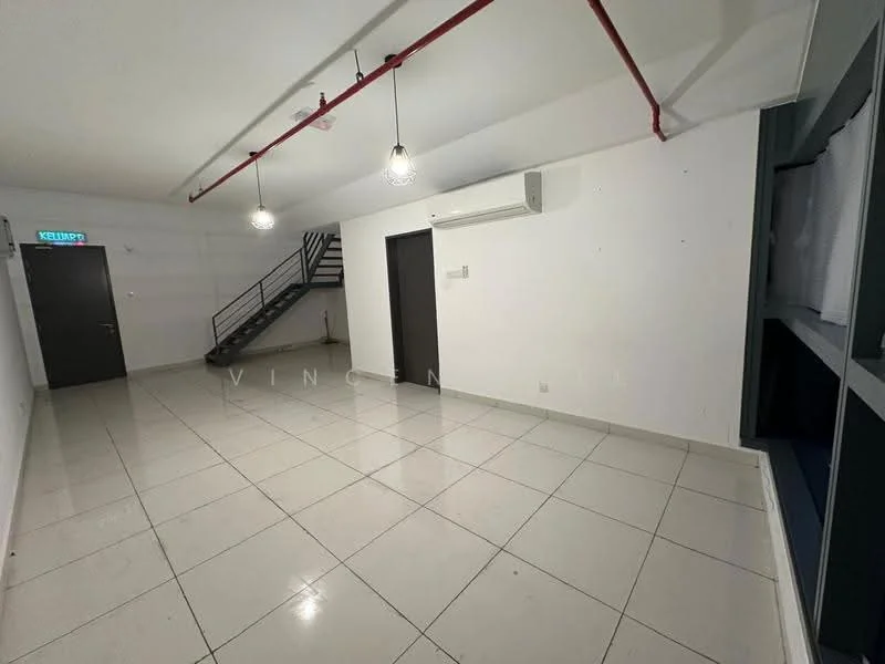 Room features: white painted walls, glossy tile flooring, exposed ceiling with red piping, 2 pendant lights, 1 wall-mounted split AC, staircase leading to upper level, dark wooden door, large window with sheer curtains, open layout, no visible furniture; style: modern.