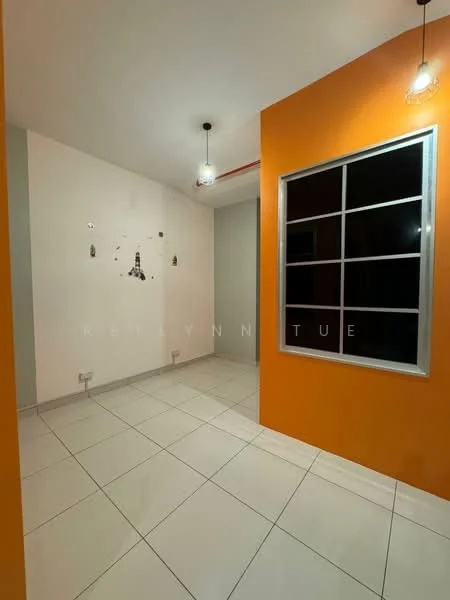 Room features: white painted walls, orange accent wall, glossy white tile flooring, large window with black frame, two pendant lights, no visible furniture, minimal decor, neutral ceiling; style: modern.