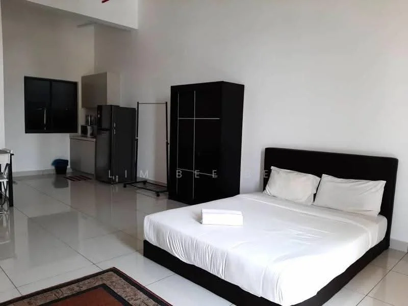 Bedroom features: king-size bed with white bedding, black upholstered headboard, white walls, tile flooring, floor-to-ceiling window, black wardrobe, stainless-steel fridge, kitchenette with countertop, dining table with chairs, area rug with geometric pattern; style: modern.