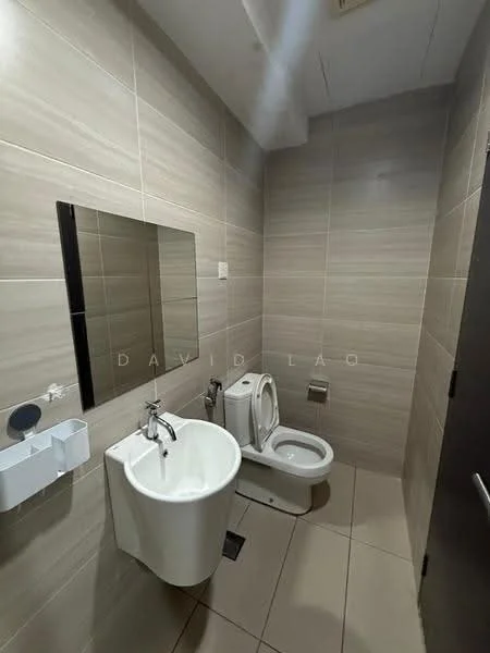 Bathroom features: wall-mounted sink, chrome basin mixer faucet, framed mirror, one-piece toilet, tile cladding on walls, ceramic tile flooring, toilet paper holder, soap dispenser; style: modern.