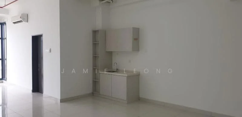 Room features: white painted walls, glossy tile flooring, single-bowl sink, light-colored cabinetry, countertop, wall-mounted air conditioning unit, open shelving, floor-to-ceiling windows, doorway leading to another room; style: modern.