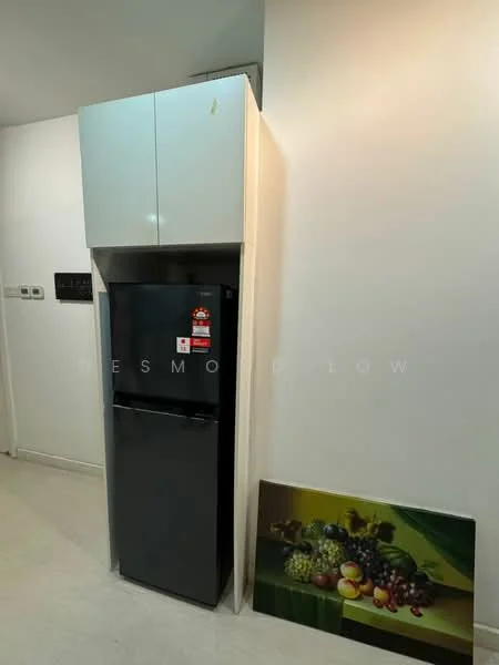 Kitchen features: black fridge, white upper cabinets, light-colored wall, light-colored flooring, decorative fruit painting; style: modern.