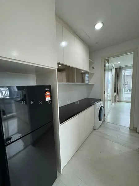 Laundry features: black fridge, white washing machine, white cabinetry, black countertop, light-colored flooring, recessed downlights, open shelving, window with natural light; style: modern.
