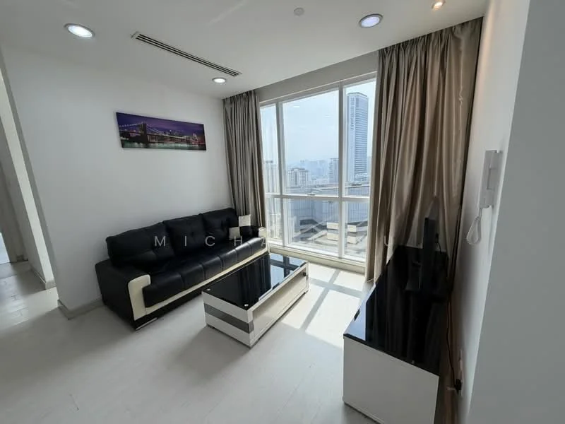 Living features: black leather sofa, white accent on sofa, glass coffee table, black TV console, wall-mounted TV, floor-to-ceiling windows, curtains, light-colored walls, recessed downlights, wooden flooring; style: modern; view: city.